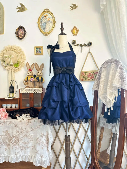 Aimishang Vintage Blue Halter A Line Short Party Prom Dress Classy Graduation Homecoming Dress With Bow