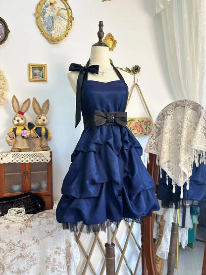 Aimishang Vintage Blue Halter A Line Short Party Prom Dress Classy Graduation Homecoming Dress With Bow