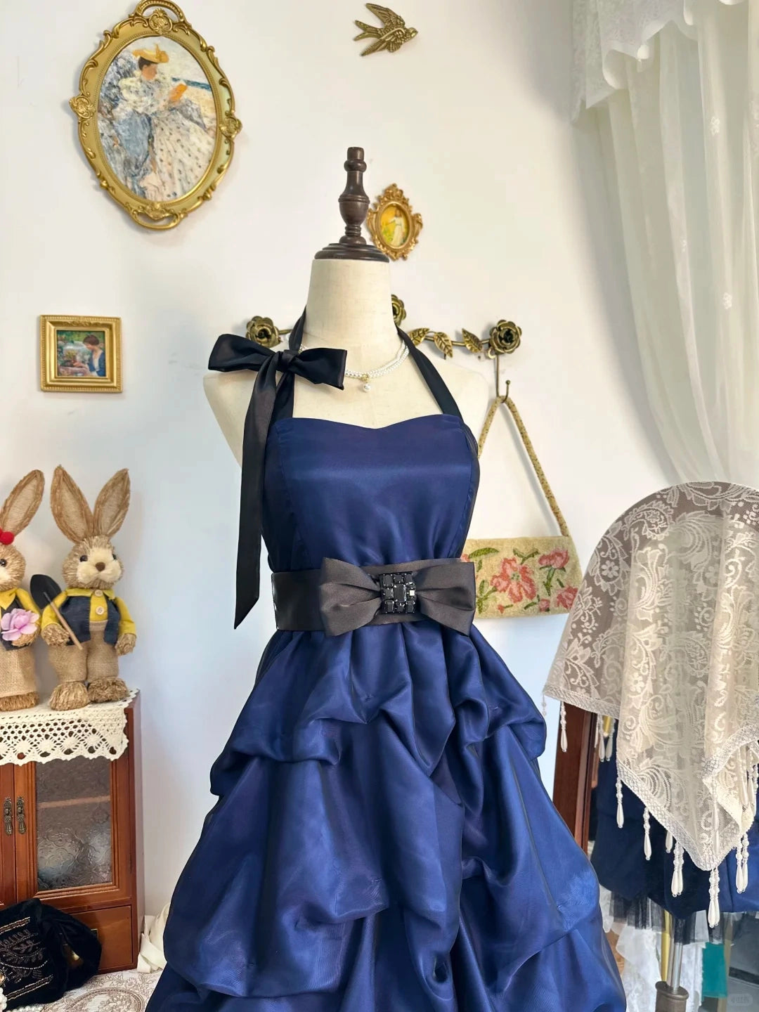 Aimishang Vintage Blue Halter A Line Short Party Prom Dress Classy Graduation Homecoming Dress With Bow