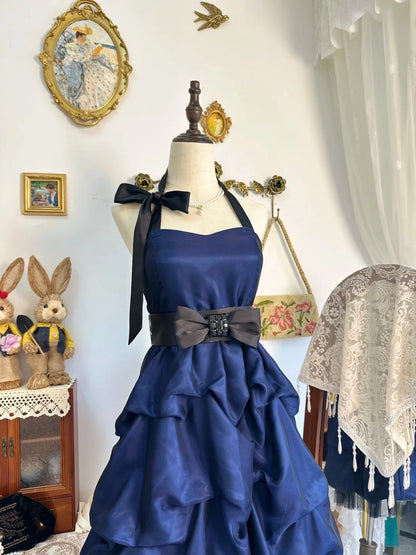 Aimishang Vintage Blue Halter A Line Short Party Prom Dress Classy Graduation Homecoming Dress With Bow