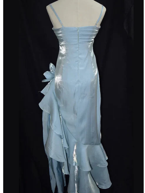 Aimishang Vintage Light Blue Spaghetti Straps Floral Asymmetrical Hem Prom Dress Charming Evening Party Dress