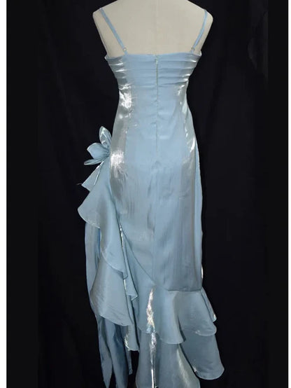 Aimishang Vintage Light Blue Spaghetti Straps Floral Asymmetrical Hem Prom Dress Charming Evening Party Dress