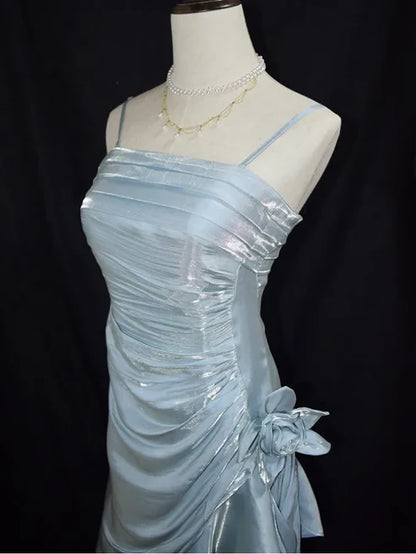 Aimishang Vintage Light Blue Spaghetti Straps Floral Asymmetrical Hem Prom Dress Charming Evening Party Dress