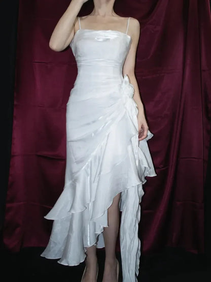 Aimishang Vintage Light Blue Spaghetti Straps Floral Asymmetrical Hem Prom Dress Charming Evening Party Dress