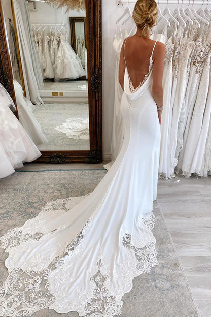 Wholesale Elegant White Spaghetti Straps Long Mermaid Boho Wedding Dress with Lace