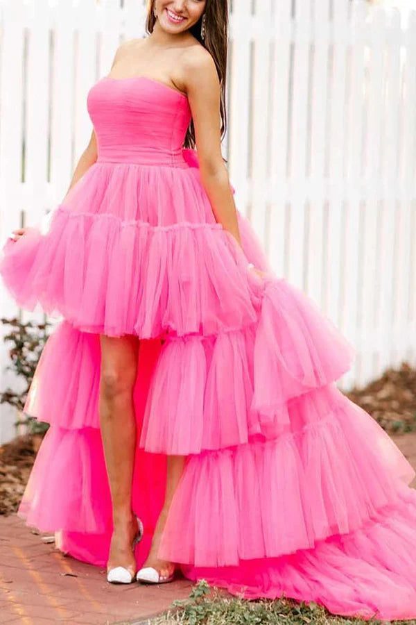 Wholesale Fashion A-line Evening Dress High Low Strapless Tulle Prom Dress with Ruffles