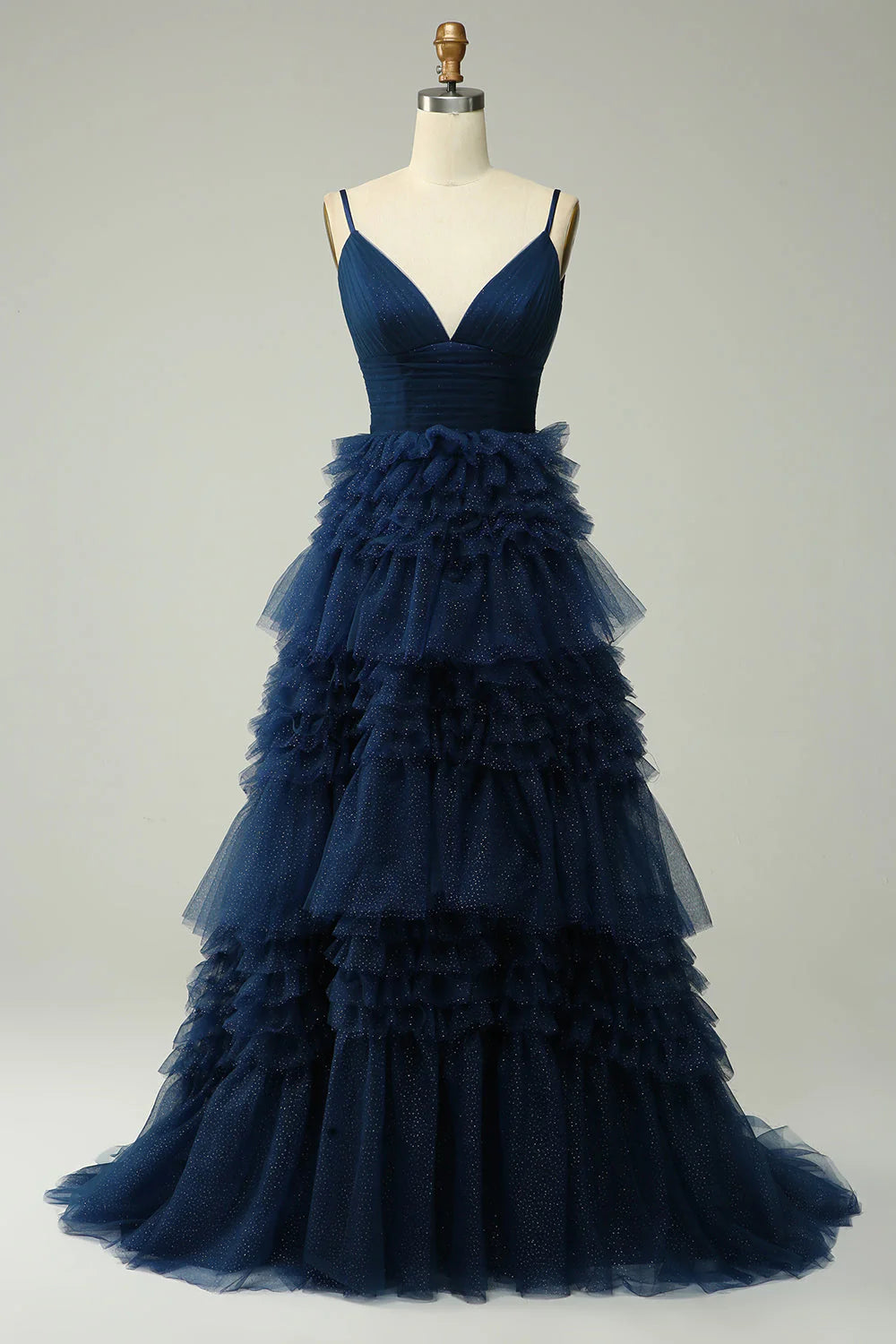 Wholesale Navy A Line Evening Dress Spaghetti Straps Long Tulle Prom Dress with Ruffles