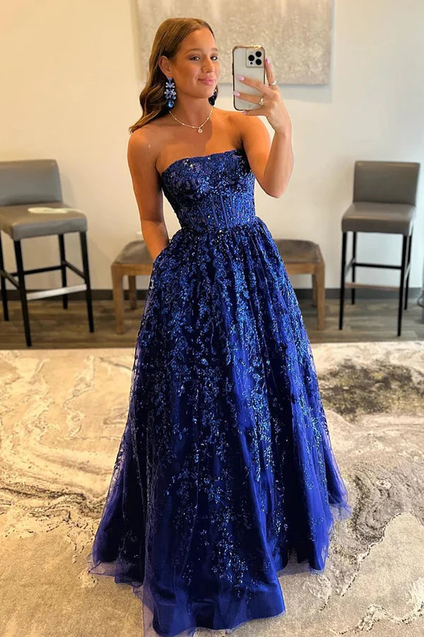 Aimishang A-line Evening Dress Sequined Lace Long Prom Dress with Pockets