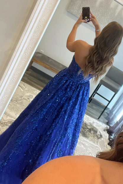 Aimishang A-line Evening Dress Sequined Lace Long Prom Dress with Pockets