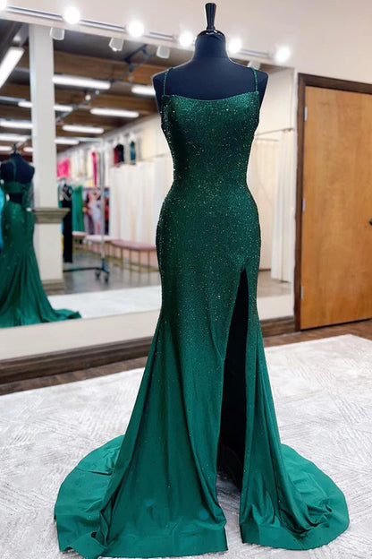 Wholesale Mermaid Evening Dress Spaghettti Strap Beaded Satin Prom Dress with Slit