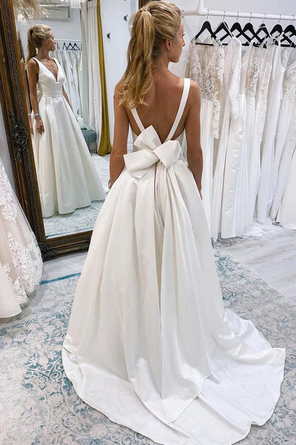 Wholesale Elegant Ivory A-Line Deep V-Neck Long Wedding Dress with Bowknot