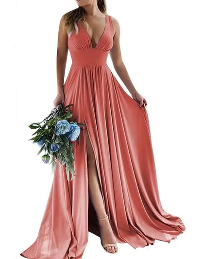 Wholesale Bridesmaid Dress A-Line V-Neck Elastic Satin With Split