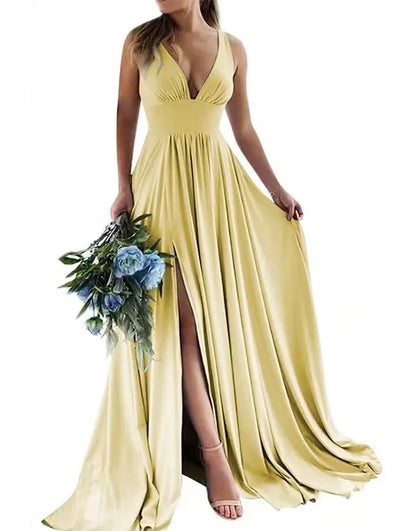 Wholesale Bridesmaid Dress A-Line V-Neck Elastic Satin With Split