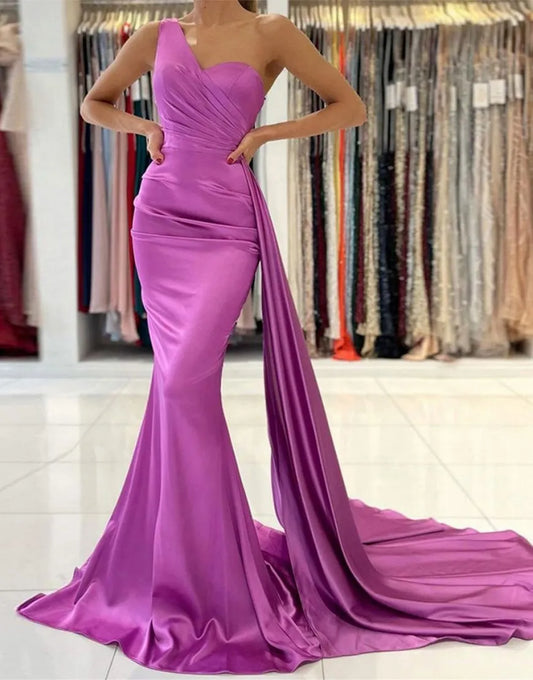 Wholesale Bridesmaid Dress Mermaid One Shoulder Elastic Satin With Ribbon