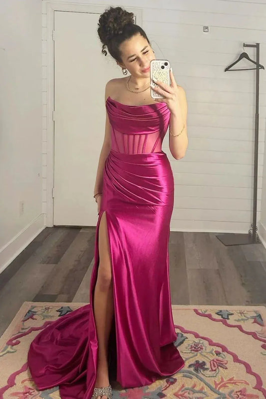 Wholesale Long Prom Dress Satin Mermaid Strapless Backless With Split