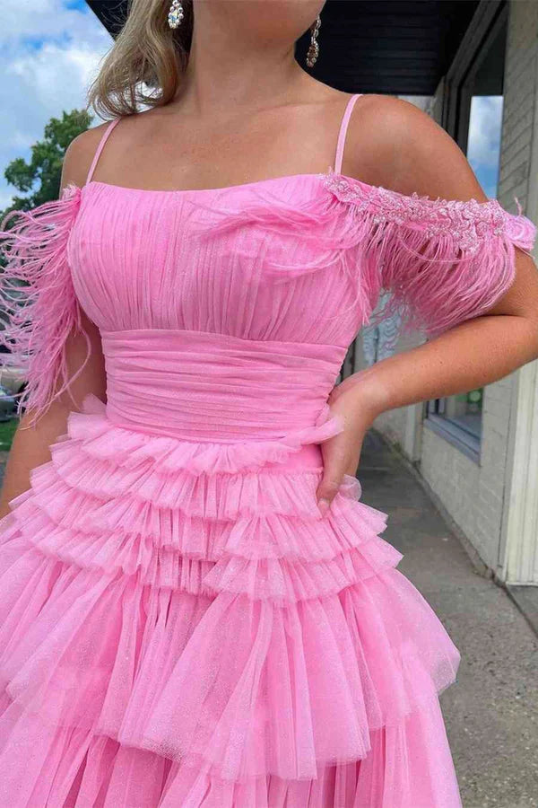 Wholesale Elegant A Line Graduation Dresses Pink Glitter Tulle Homecoming Dress with Feather