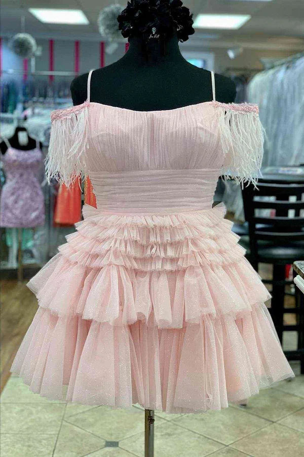 Wholesale Elegant A Line Graduation Dresses Pink Glitter Tulle Homecoming Dress with Feather