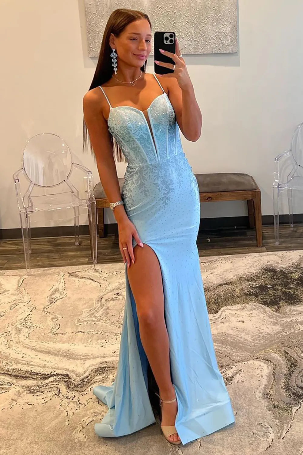 Wholesale Spaghetti Straps Mermaid Lace Up Prom Dress with Slit