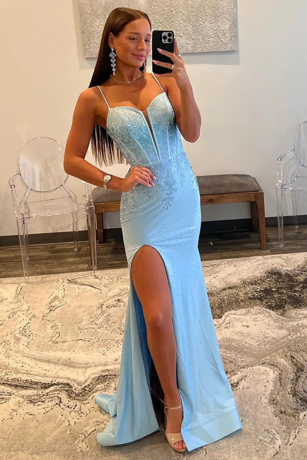 Wholesale Spaghetti Straps Mermaid Lace Up Prom Dress with Slit