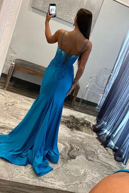 Wholesale Long Prom Dress Spaghetti Straps Mermaid Lace Up with Slit And Beading