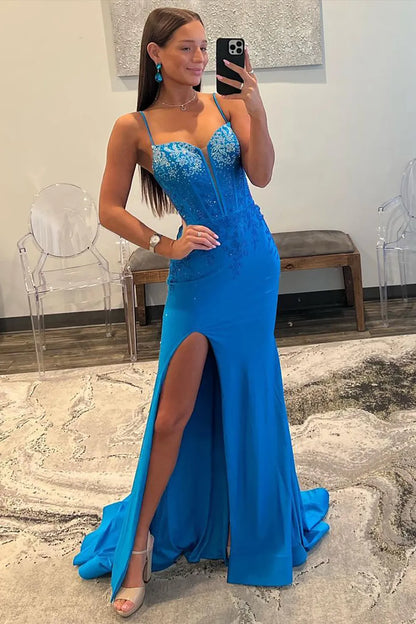 Wholesale Long Prom Dress Spaghetti Straps Mermaid Lace Up with Slit And Beading