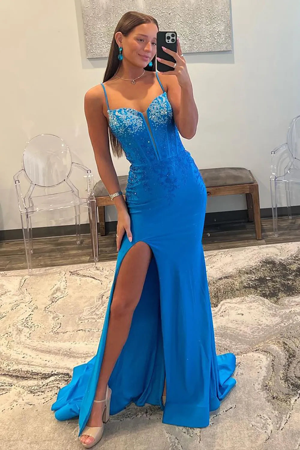 Wholesale Long Prom Dress Spaghetti Straps Mermaid Lace Up with Slit And Beading