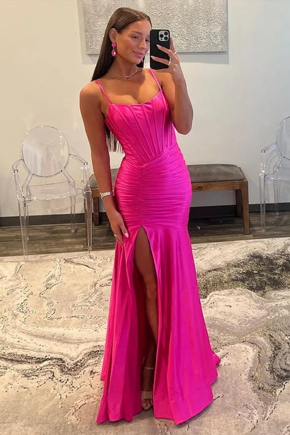 Wholesale Prom Dress Spaghetti Straps Mermaid Satin with Slit