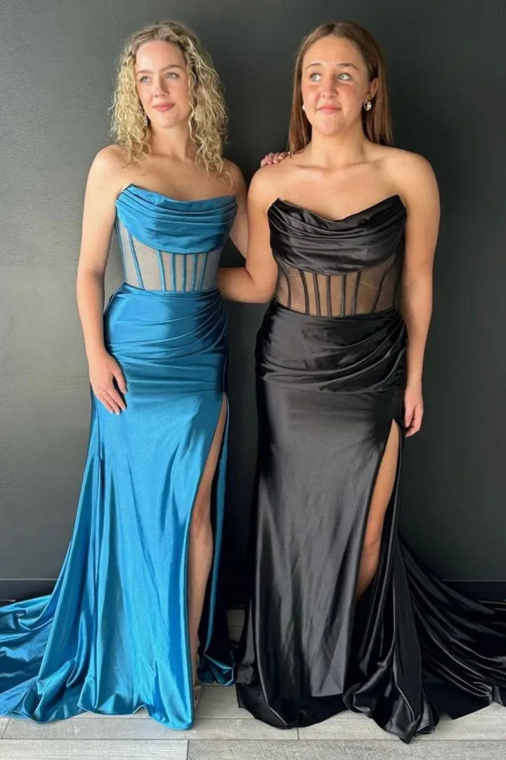 Wholesale Long Prom Dress Satin Mermaid Strapless Backless With Split