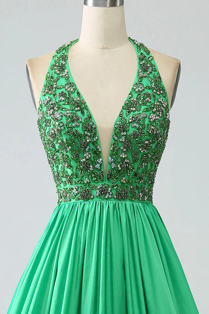 Wholesale Green Princess A-Line Evening Dress Halter Long Satin Prom Dress with Beading