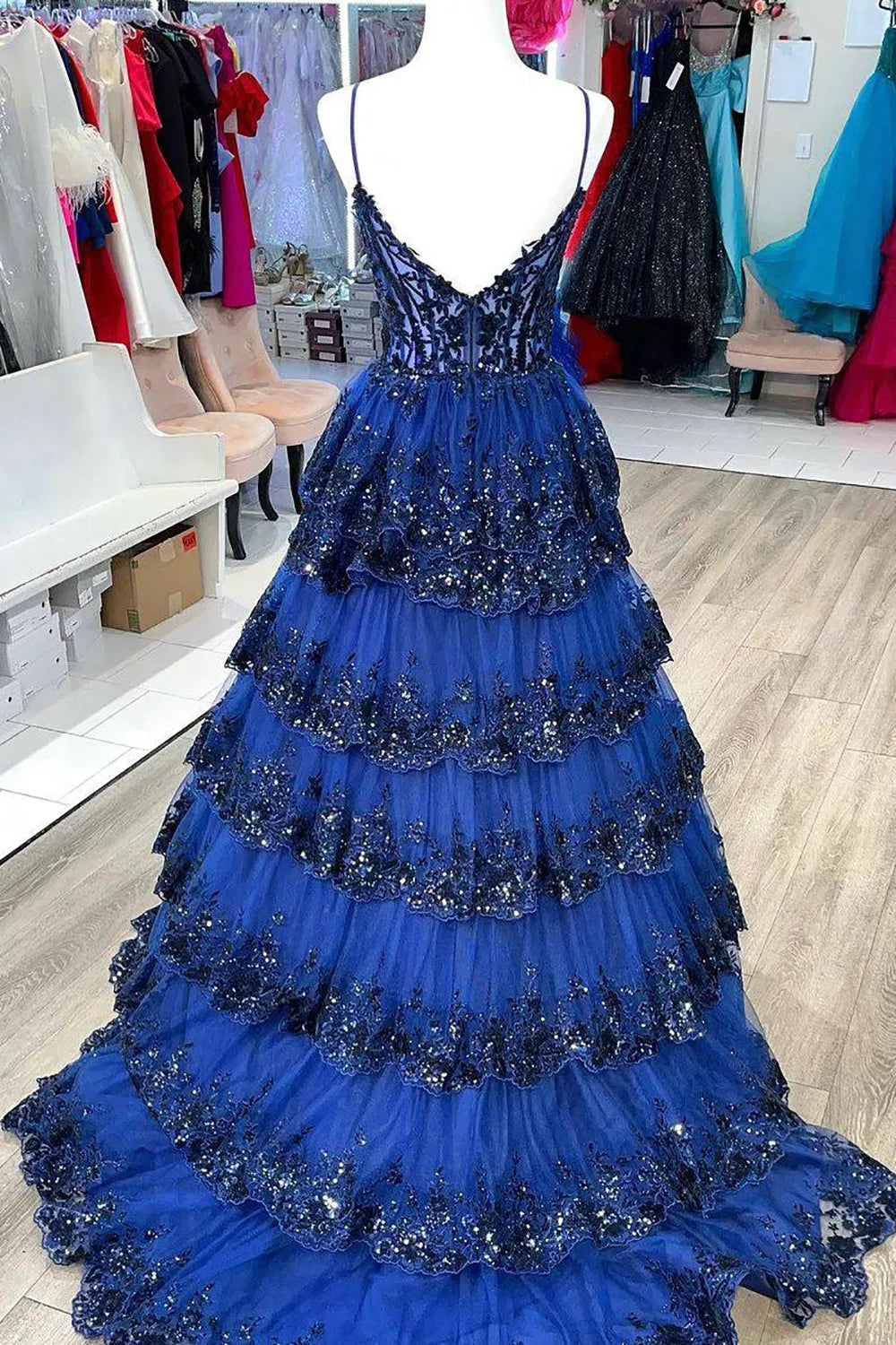 Wholesale A-Line Spaghetti Straps Tiered Prom Dress With Appliques