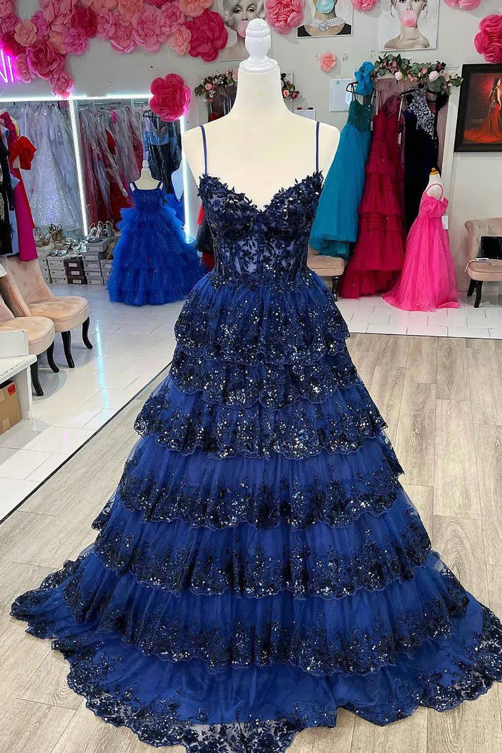 Wholesale A-Line Spaghetti Straps Tiered Prom Dress With Appliques