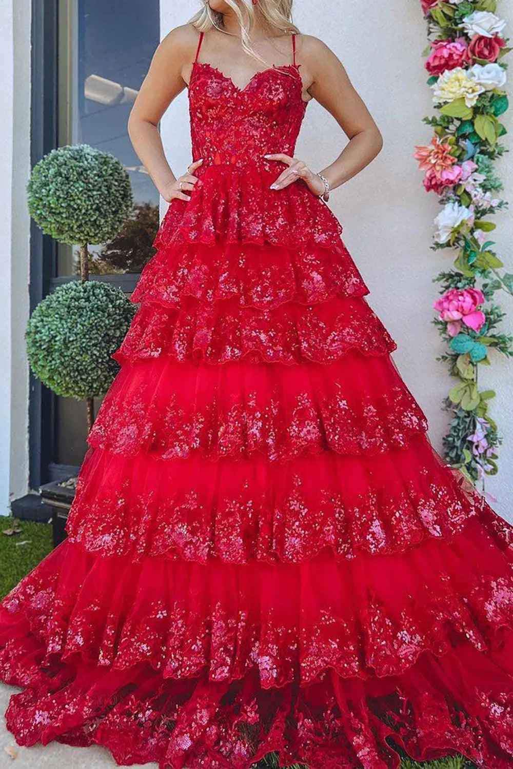 Wholesale A-Line Spaghetti Straps Tiered Prom Dress With Appliques