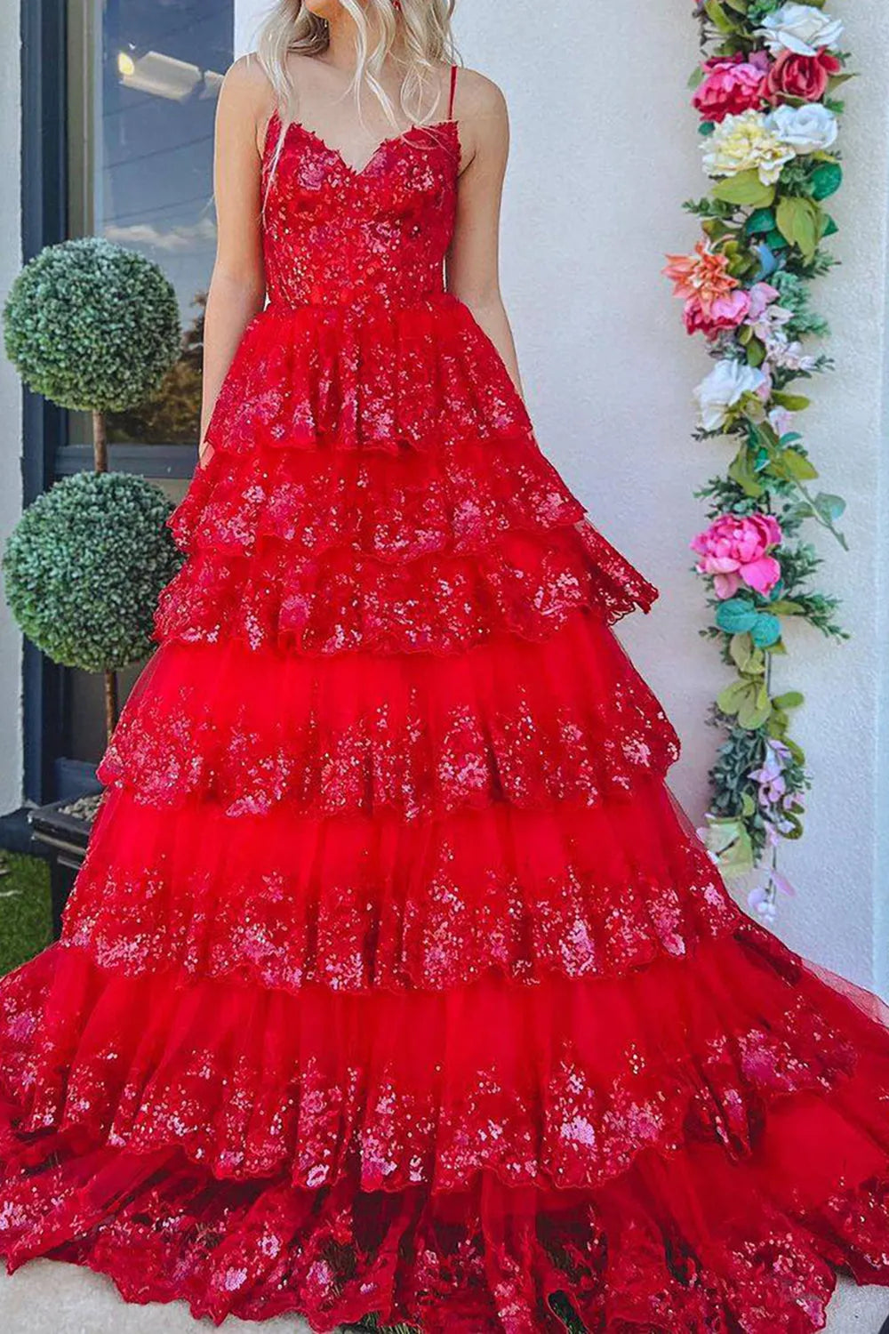 Wholesale A-Line Spaghetti Straps Tiered Prom Dress With Appliques