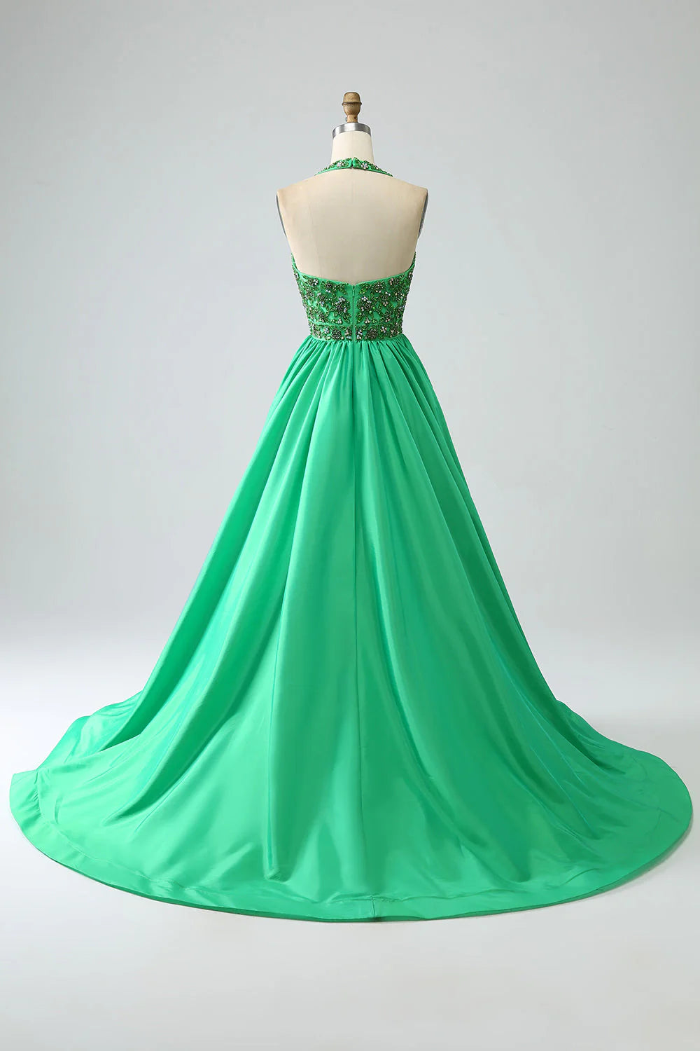 Wholesale Green Princess A-Line Evening Dress Halter Long Satin Prom Dress with Beading