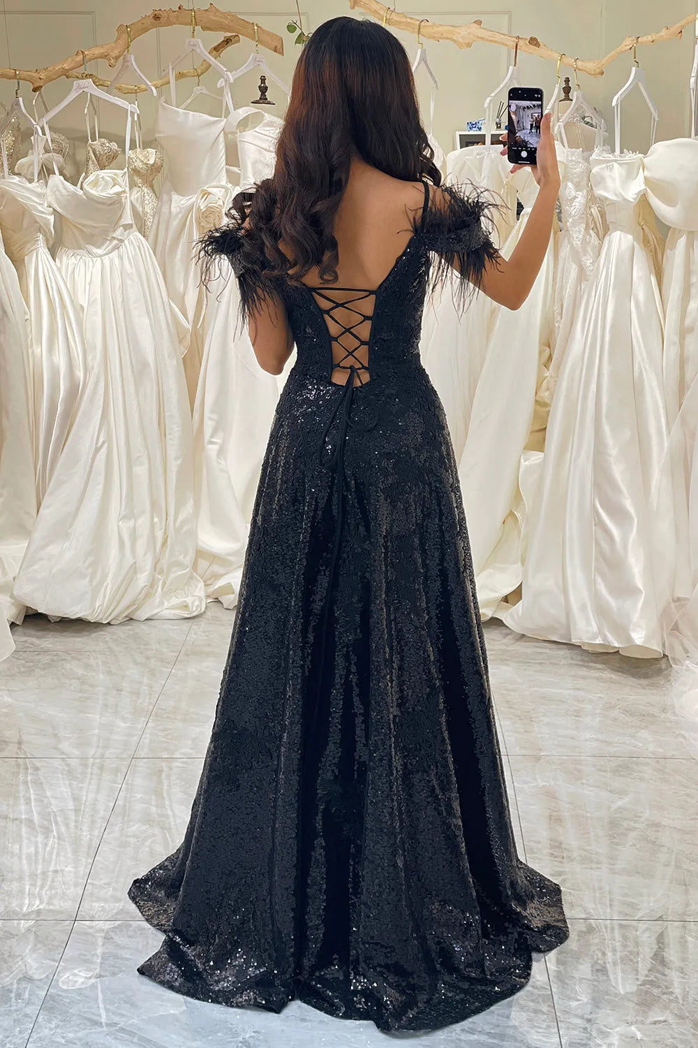 Wholesale A Line Spaghetti Straps Prom Dress With Feather