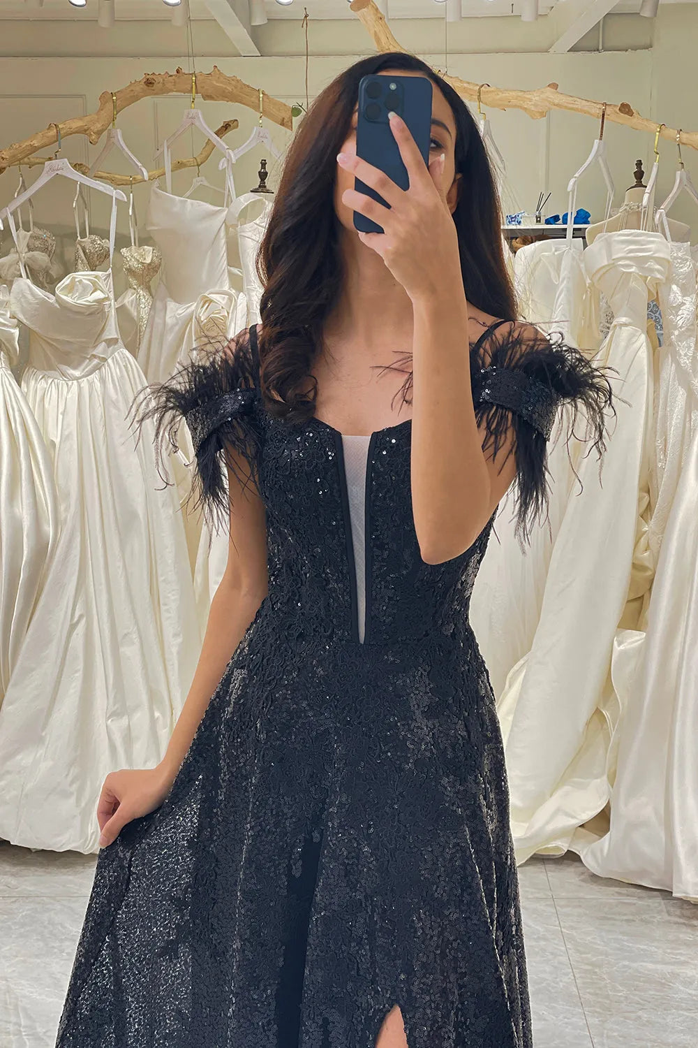 Wholesale A Line Spaghetti Straps Prom Dress With Feather