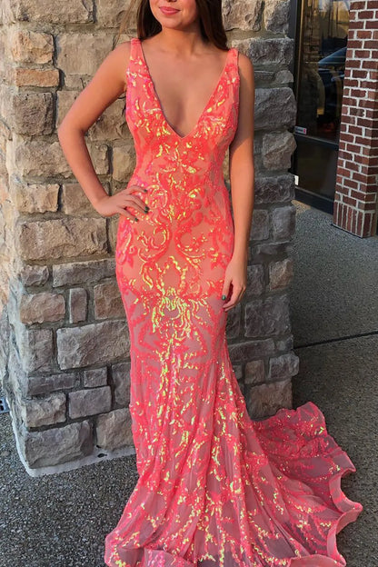 Wholesale Prom Party Dress Coral Sparkly Mermaid V-Neck