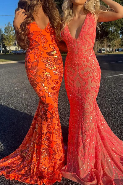 Wholesale Prom Party Dress Coral Sparkly Mermaid V-Neck