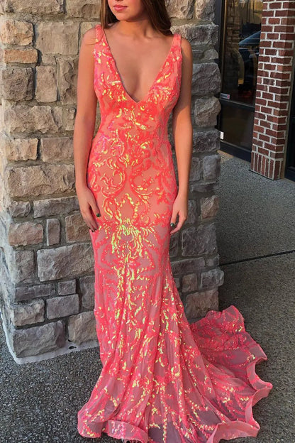 Wholesale Prom Party Dress Coral Sparkly Mermaid V-Neck