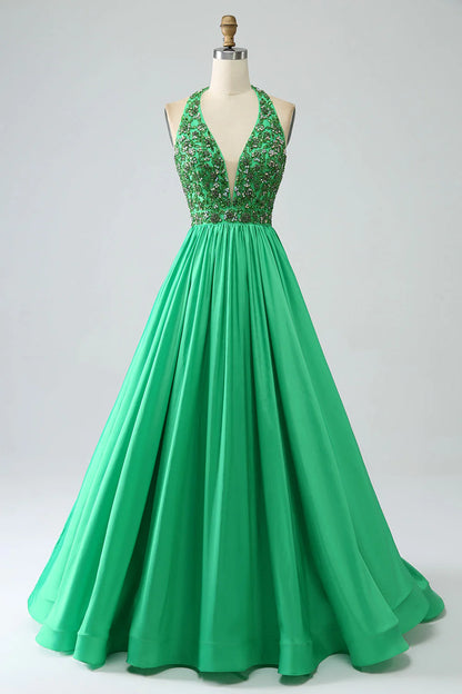 Wholesale Green Princess A-Line Evening Dress Halter Long Satin Prom Dress with Beading