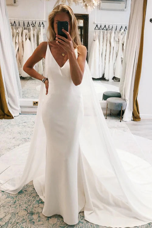 Wholesale Elegant Simple White Watteau Train Boho Long Mermaid Wedding Dress