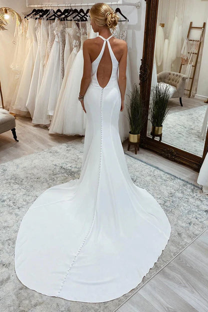 Wholesale Elegant Simple White Halter Open Back Long Wedding Dress