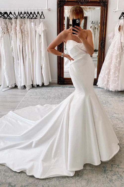 Wholesale Elegant White Strapless Satin Long Mermaid Wedding Dress