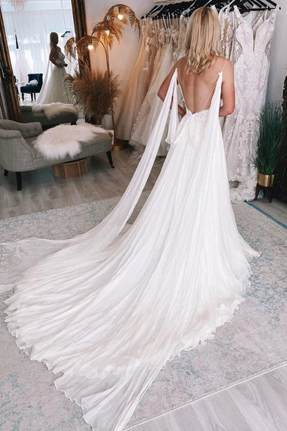 Wholesale Elegant Ivory A-Line Watteau Train Boho Long Chiffon Wedding Dress with Lace