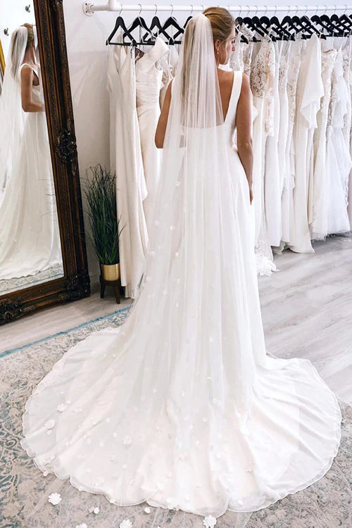 Wholesale Elegant Simple White Square Neck Boho Long Chiffon Wedding Dress