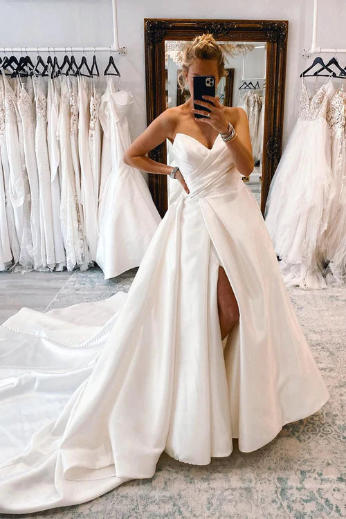 Wholesale Elegant White Satin Long A-Line Wedding Dress with Slit