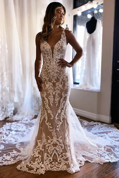 Wholesale Elegant Champagne V-Neck Mermaid Long Lace Wedding Dress