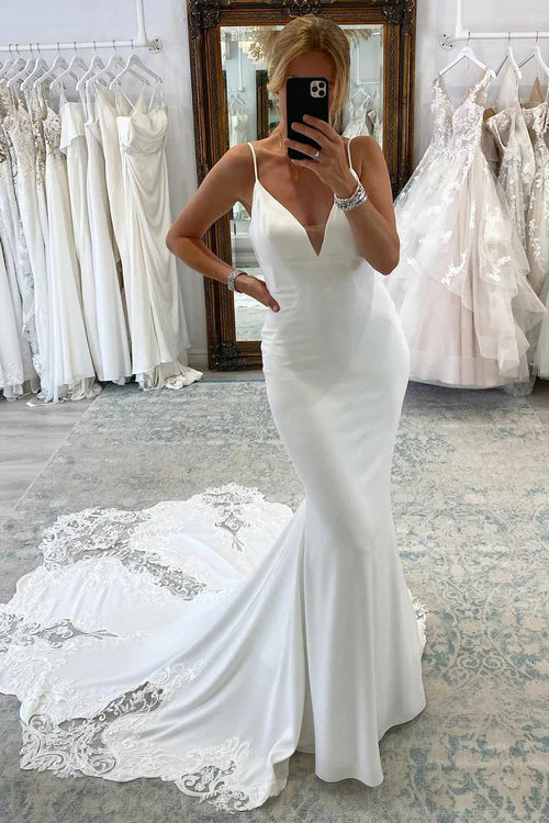 Wholesale Elegant White Spaghetti Straps Long Mermaid Boho Wedding Dress with Lace