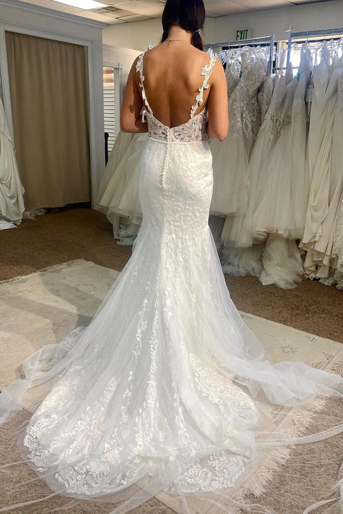 Wholesale Elegant Tulle Mermaid Spaghetti Straps White Long Wedding Dress with Appliques