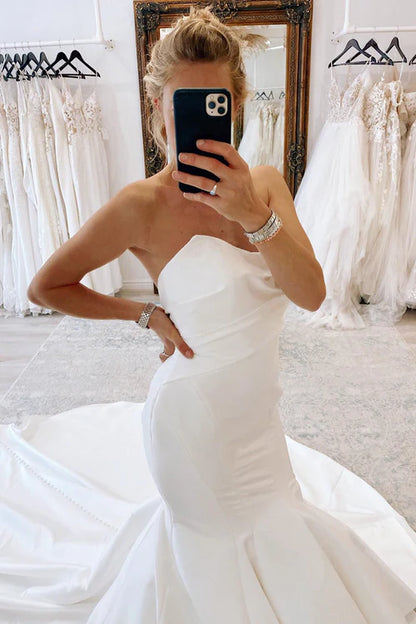 Wholesale Elegant White Strapless Satin Long Mermaid Wedding Dress